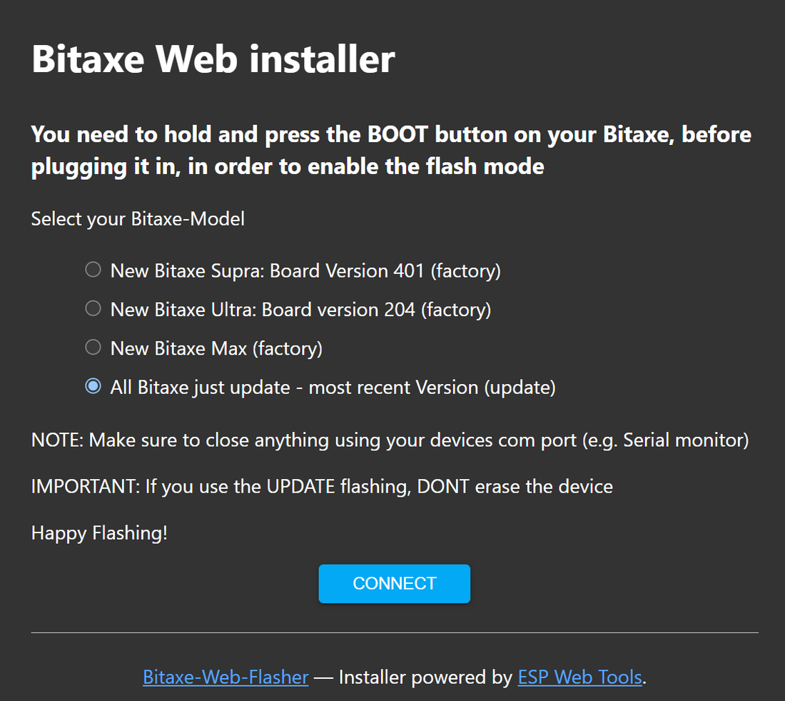Bitaxe Web Flasher Interface Screenshot