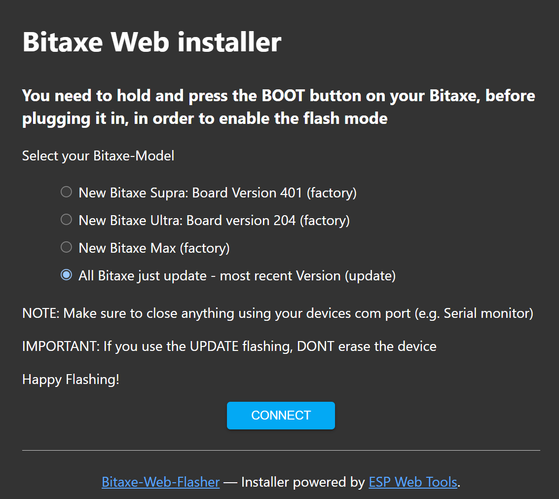 Bitaxe Web Flasher Interface Screenshot