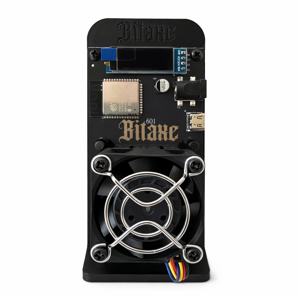 Bitaxe Gamma 601 Bitcoin solo miner fully assembled front view